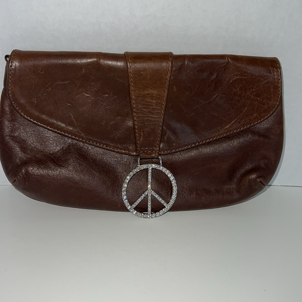 ❤️ Vintage Sherry Wolf Crystal Peace Sign Leather Convertible Clutch Bag w/Chain - Picture 10 of 15